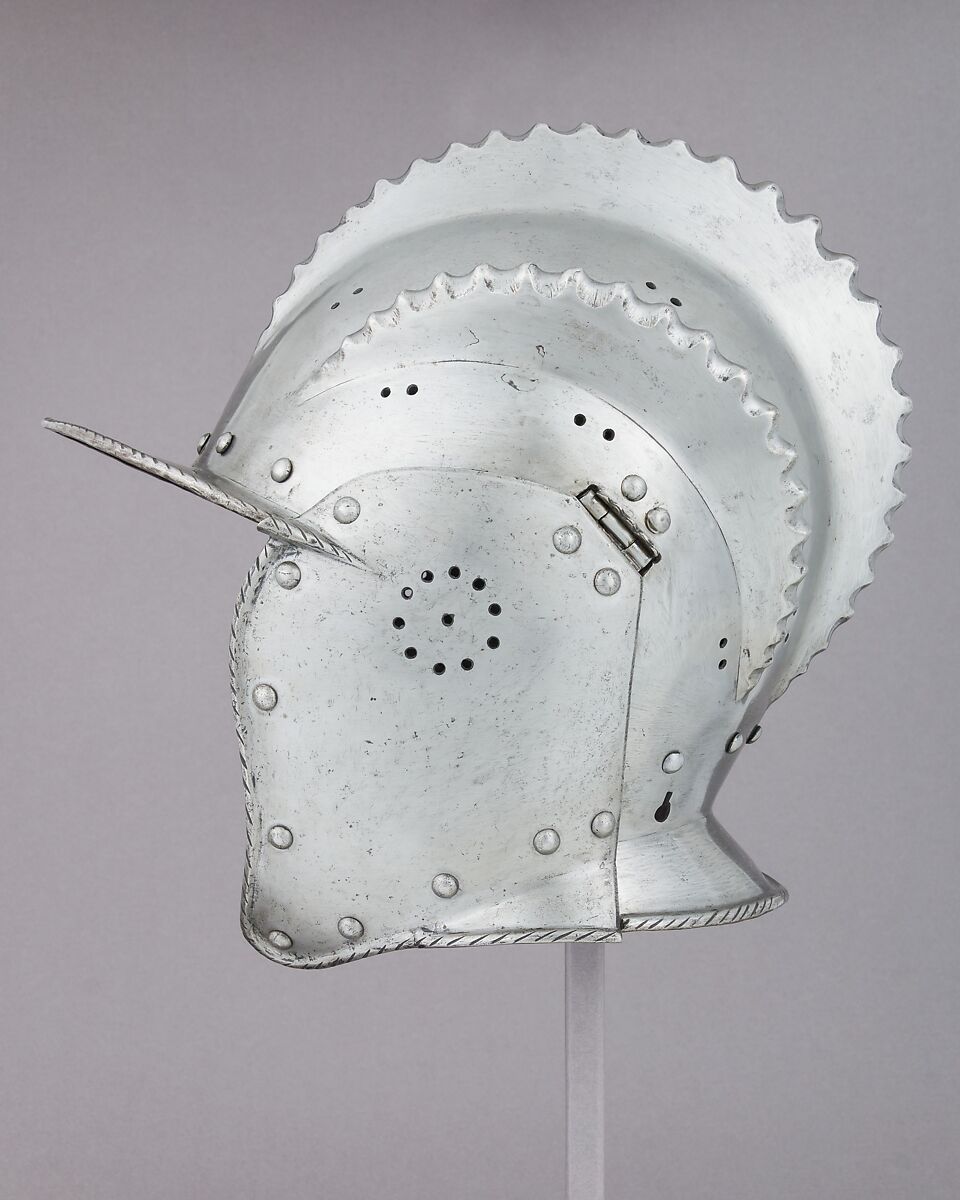 Burgonet, Replacement cheek-pieces made by Leonard Heinrich (American (born Germany) Munich 1900–1966 Clarksville, New Jersey)  ,  in The Metropolitan Museum of Art, Armor Workshop, Steel, leather, German, Augsburg