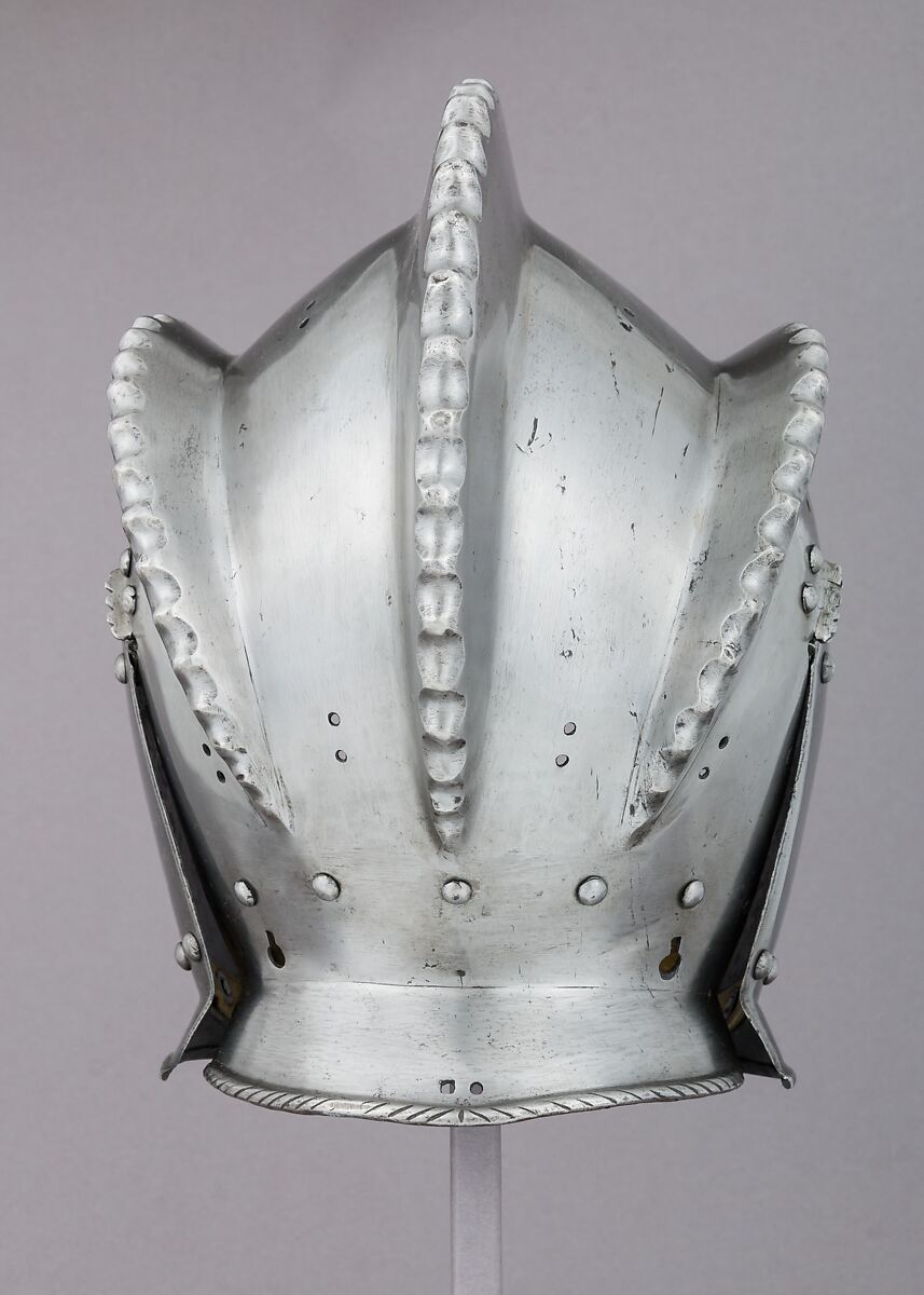 Burgonet, Replacement cheek-pieces made by Leonard Heinrich (American (born Germany) Munich 1900–1966 Clarksville, New Jersey)  ,  in The Metropolitan Museum of Art, Armor Workshop, Steel, leather, German, Augsburg