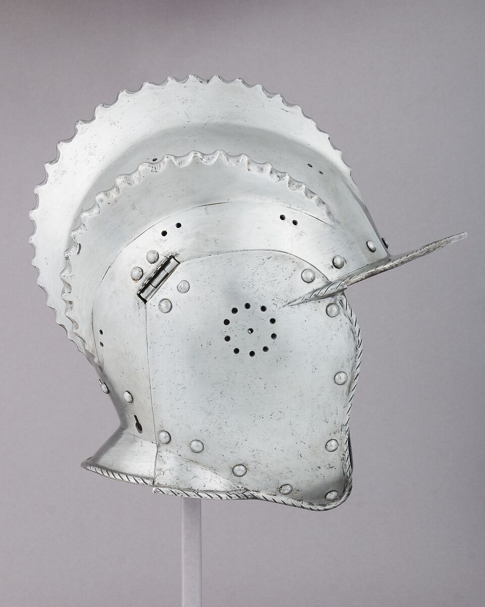 Burgonet, Replacement cheek-pieces made by Leonard Heinrich (American (born Germany) Munich 1900–1966 Clarksville, New Jersey)  ,  in The Metropolitan Museum of Art, Armor Workshop, Steel, leather, German, Augsburg