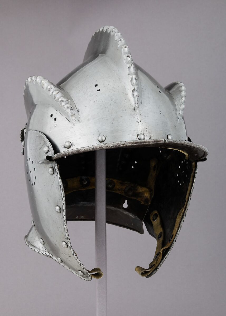 Burgonet, Replacement cheek-pieces made by Leonard Heinrich (American (born Germany) Munich 1900–1966 Clarksville, New Jersey)  ,  in The Metropolitan Museum of Art, Armor Workshop, Steel, leather, German, Augsburg 