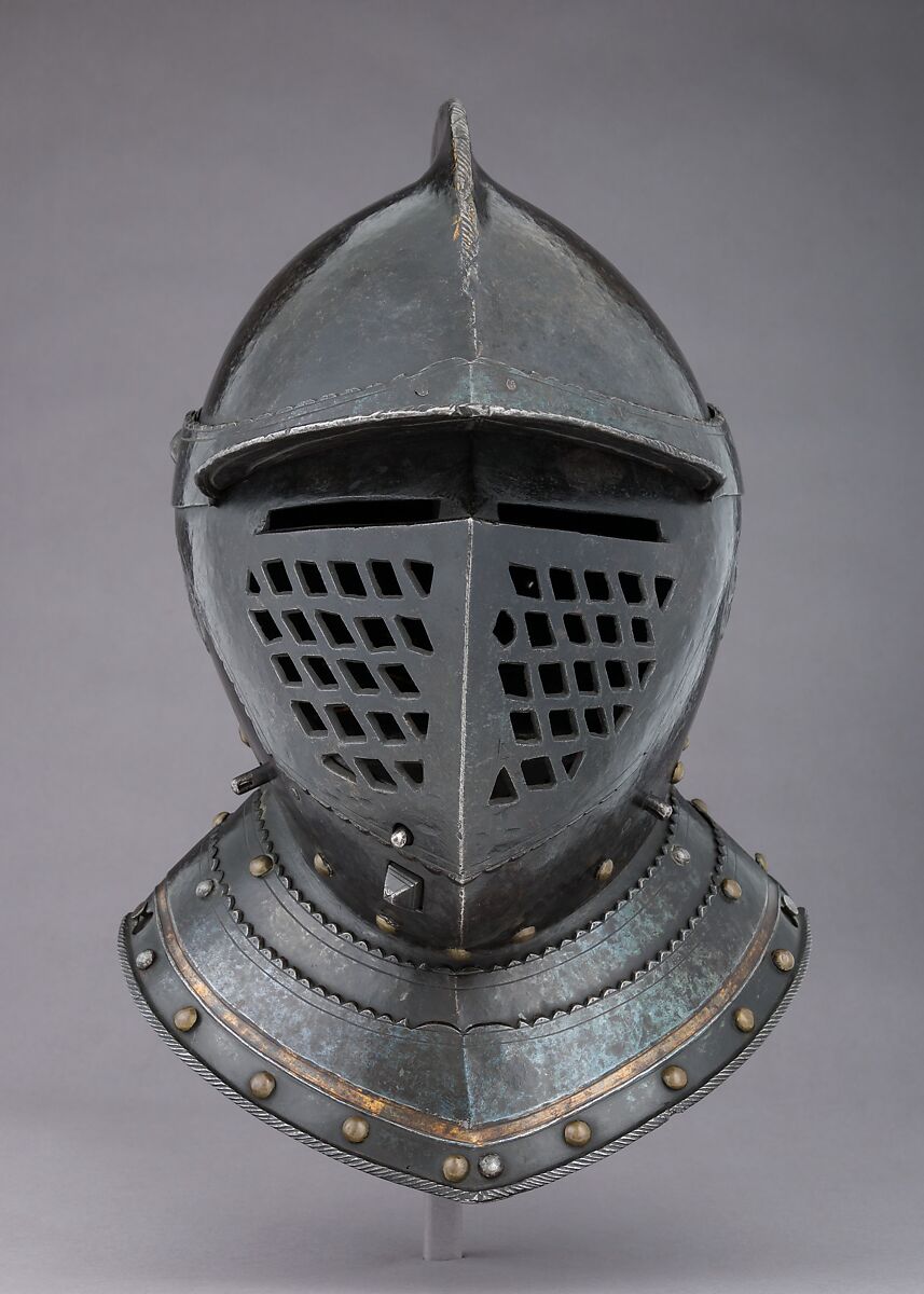 Closed Burgonet, Steel, leather, gold, brass, Probably Austrian, Innsbruck