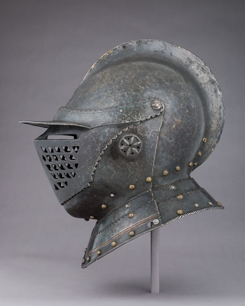 Closed Burgonet, Steel, leather, gold, brass, Probably Austrian, Innsbruck