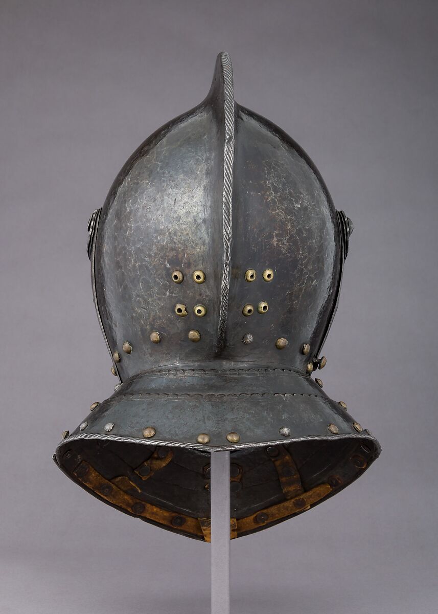 Closed Burgonet, Steel, leather, gold, brass, Probably Austrian, Innsbruck