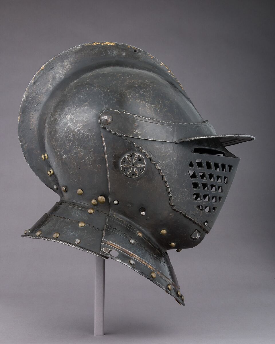 Closed Burgonet, Steel, leather, gold, brass, Probably Austrian, Innsbruck