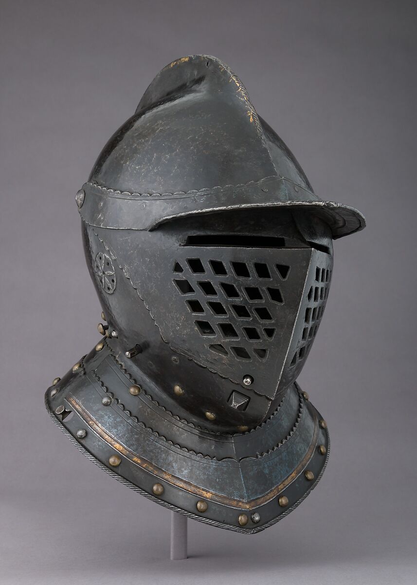 Closed Burgonet, Steel, leather, gold, brass, Probably Austrian, Innsbruck