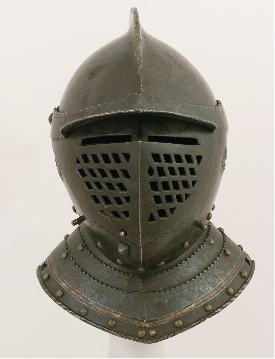 Closed Burgonet, Steel, leather, gold, brass, Probably Austrian, Innsbruck