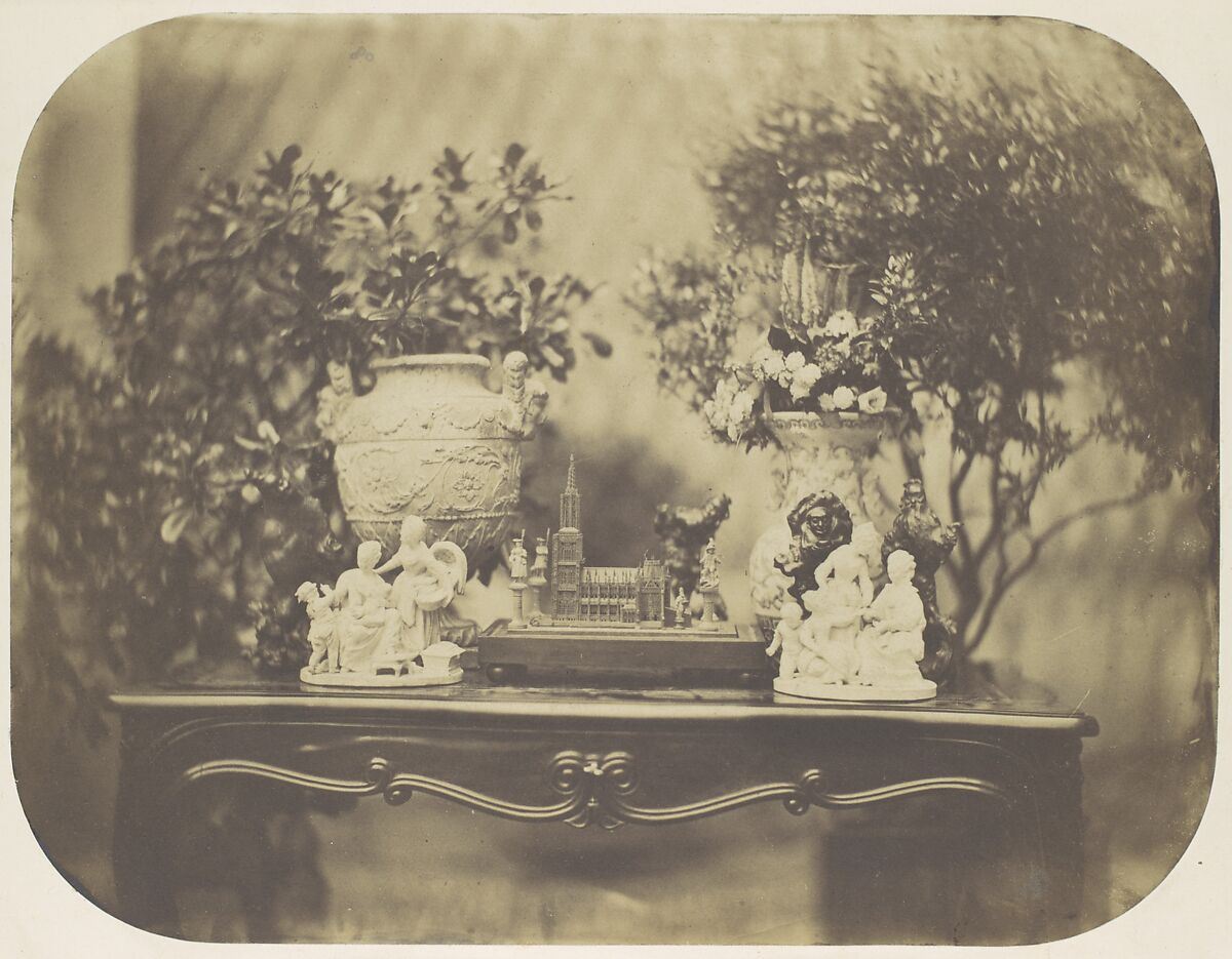 [Table Top Still Life with Model Cathedral and Small Sculptures], Louis-Rémy Robert (French, 1810–1882), Salted paper print from glass negative 