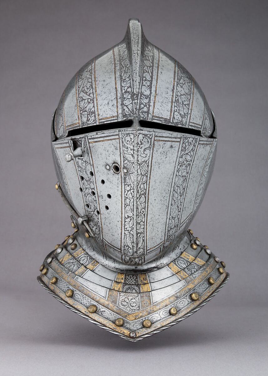 Close-Helmet for the Field and Tourney, Steel, gold, copper alloy, Italian, probably Brescia; front collar lames, German, Augsburg
