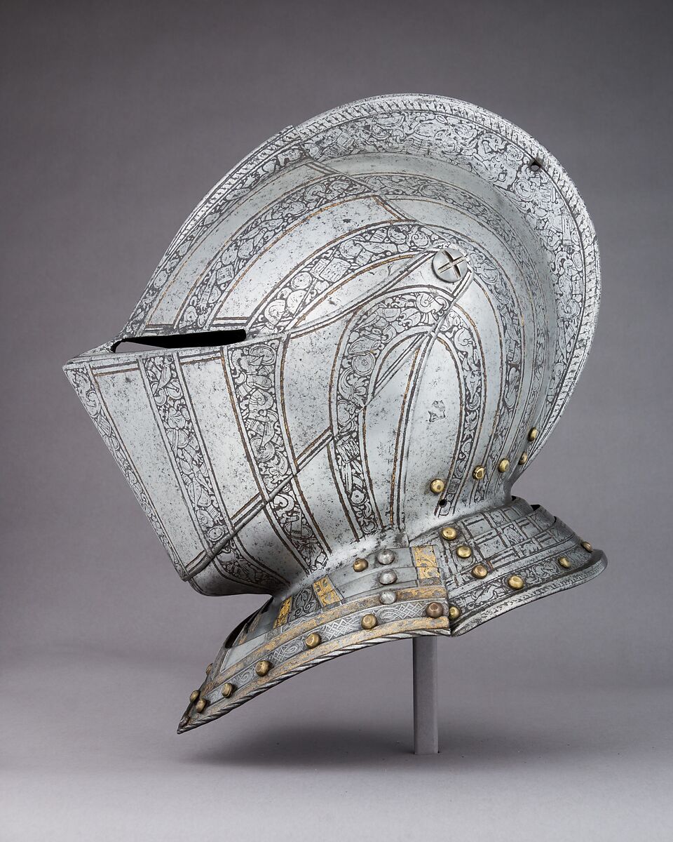 Close-Helmet for the Field and Tourney, Steel, gold, copper alloy, Italian, probably Brescia; front collar lames, German, Augsburg