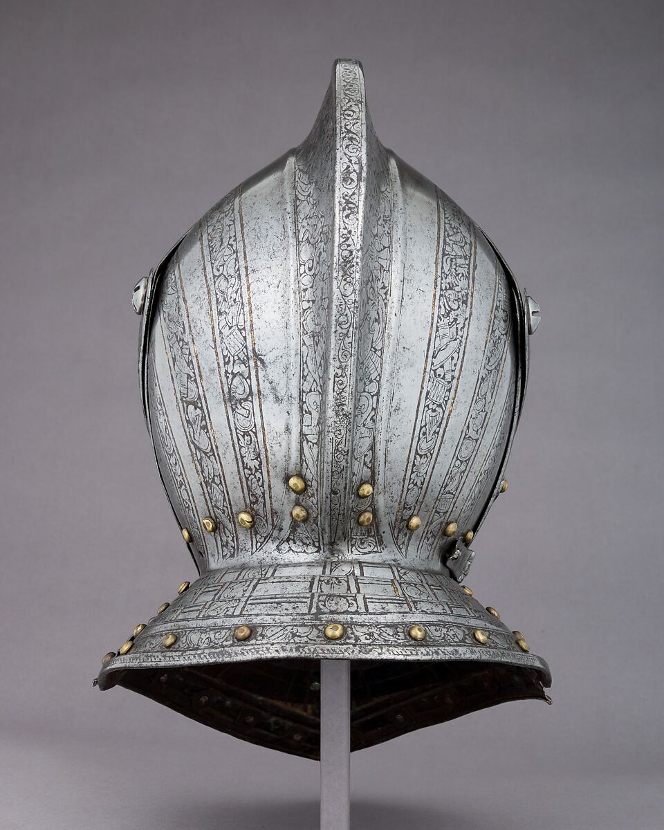 Close-Helmet for the Field and Tourney, Steel, gold, copper alloy, Italian, probably Brescia; front collar lames, German, Augsburg