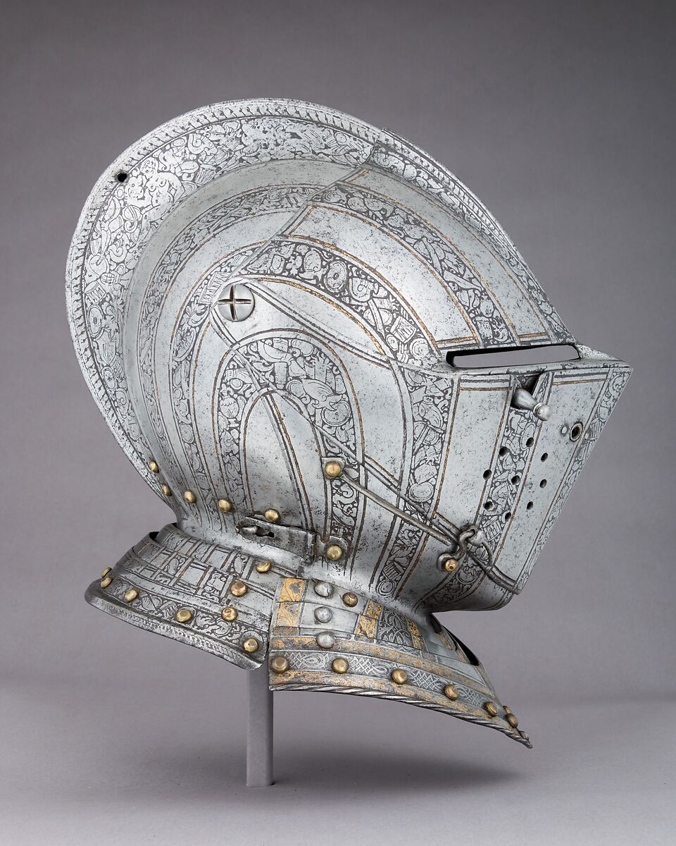 Close-Helmet for the Field and Tourney, Steel, gold, copper alloy, Italian, probably Brescia; front collar lames, German, Augsburg