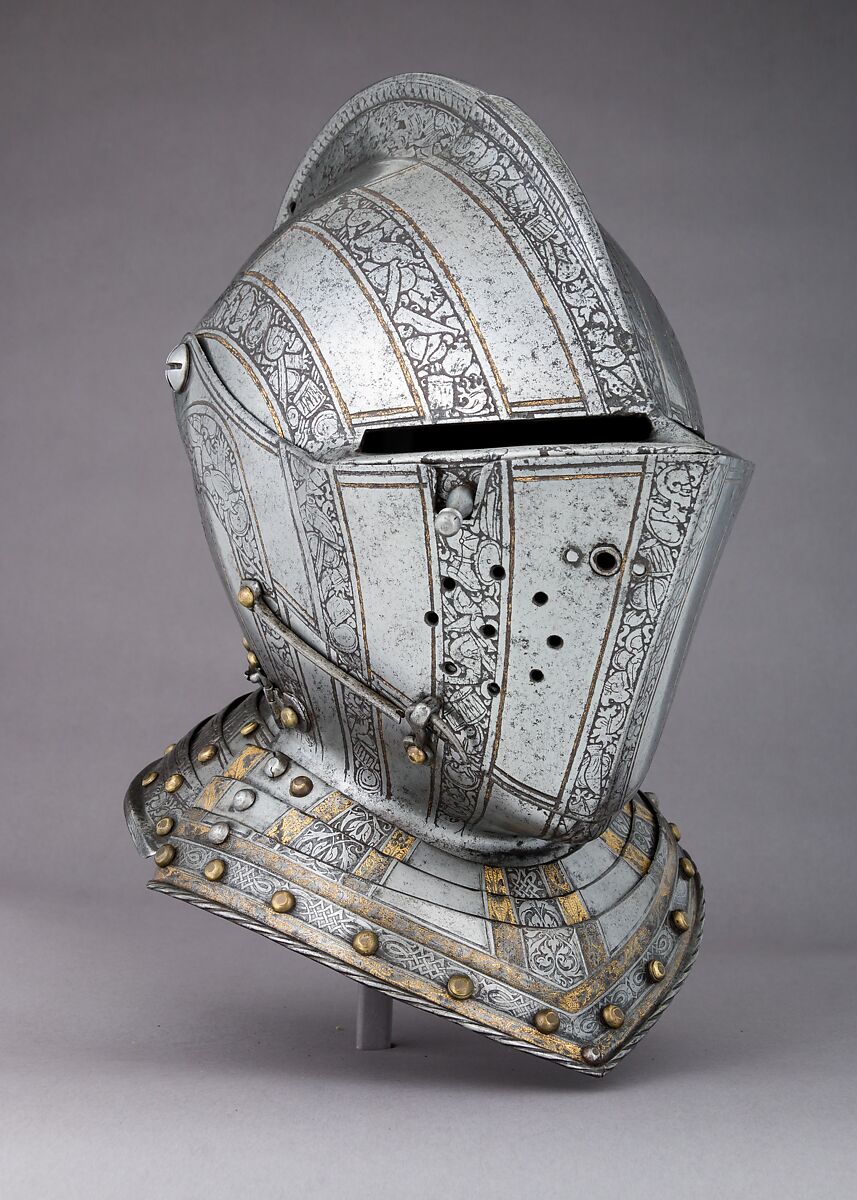 Close-Helmet for the Field and Tourney, Steel, gold, copper alloy, Italian, probably Brescia; front collar lames, German, Augsburg