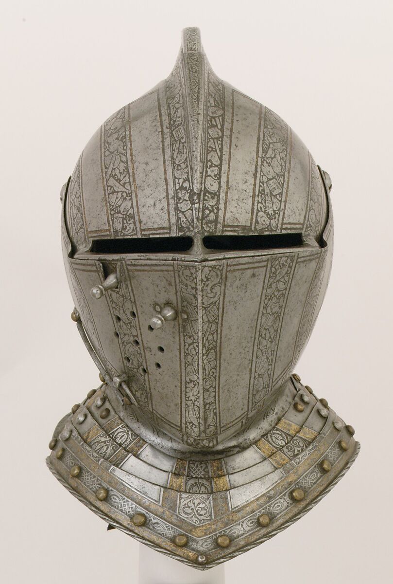 Close-Helmet for the Field and Tourney, Steel, gold, copper alloy, Italian, probably Brescia; front collar lames, German, Augsburg