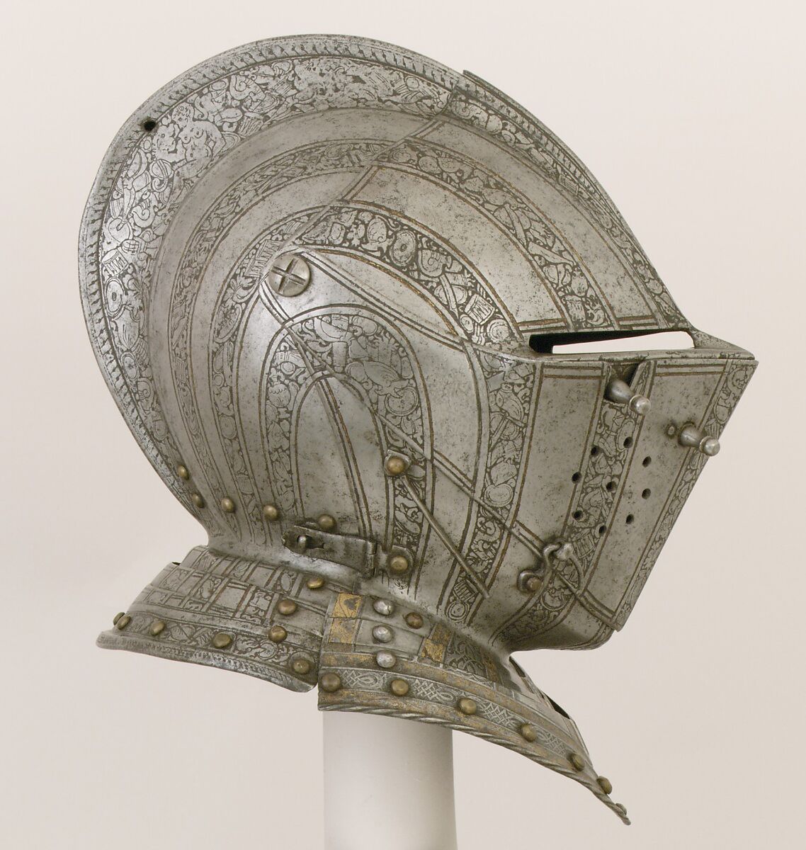 Close-Helmet for the Field and Tourney, Steel, gold, copper alloy, Italian, probably Brescia; front collar lames, German, Augsburg 