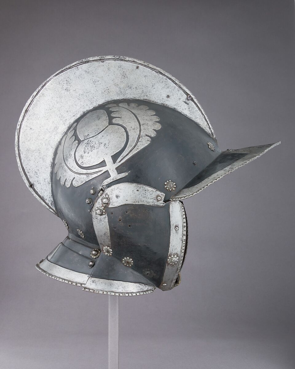 Burgonet for the Guard of the Counts Khevenhüller zu Aichelberg, Steel, lead, paint, leather, German