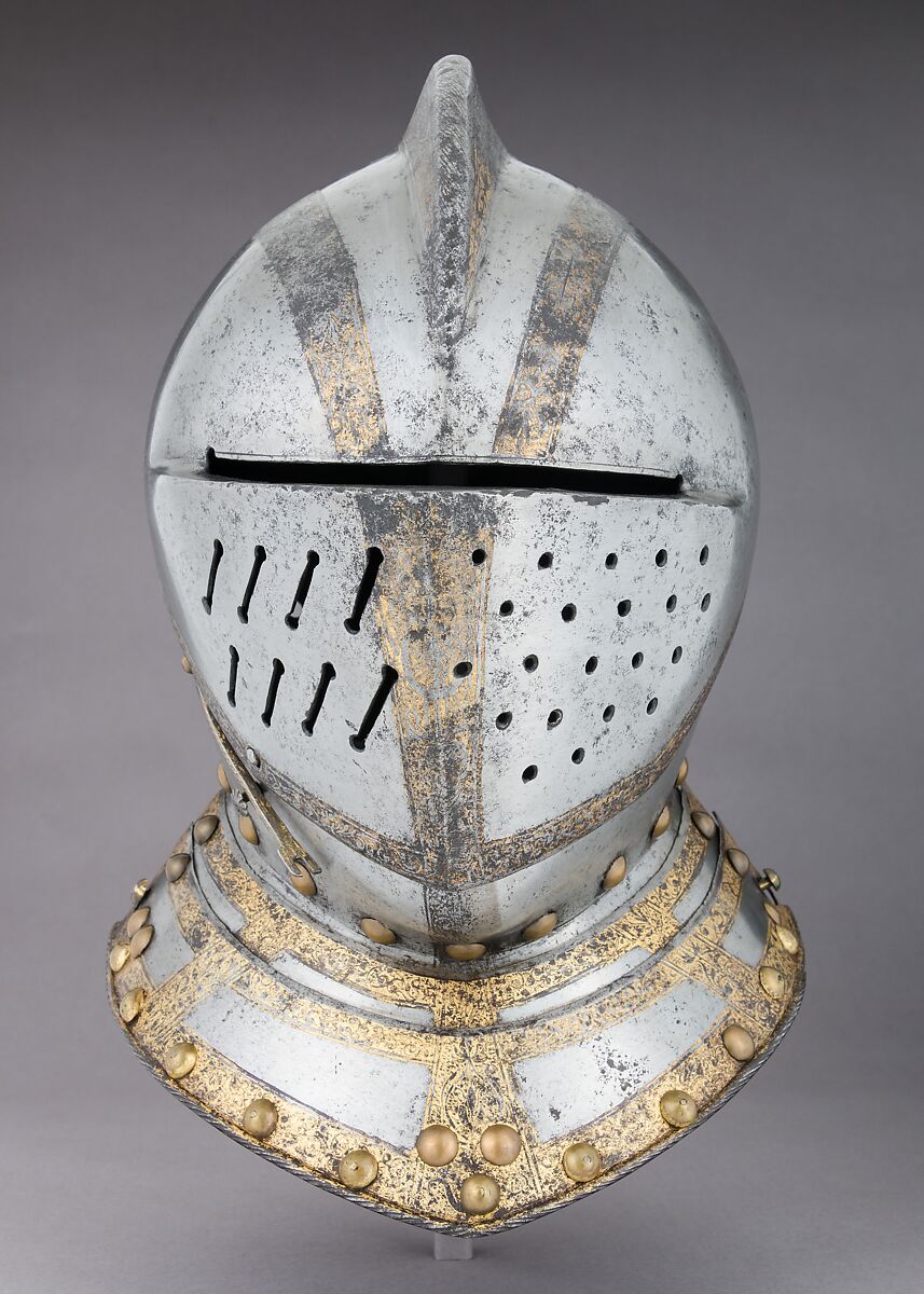 Close-Helmet for the Field, Martin Schmidt (German, active ca. 1594), Steel, gold, brass, German, possibly Augsburg