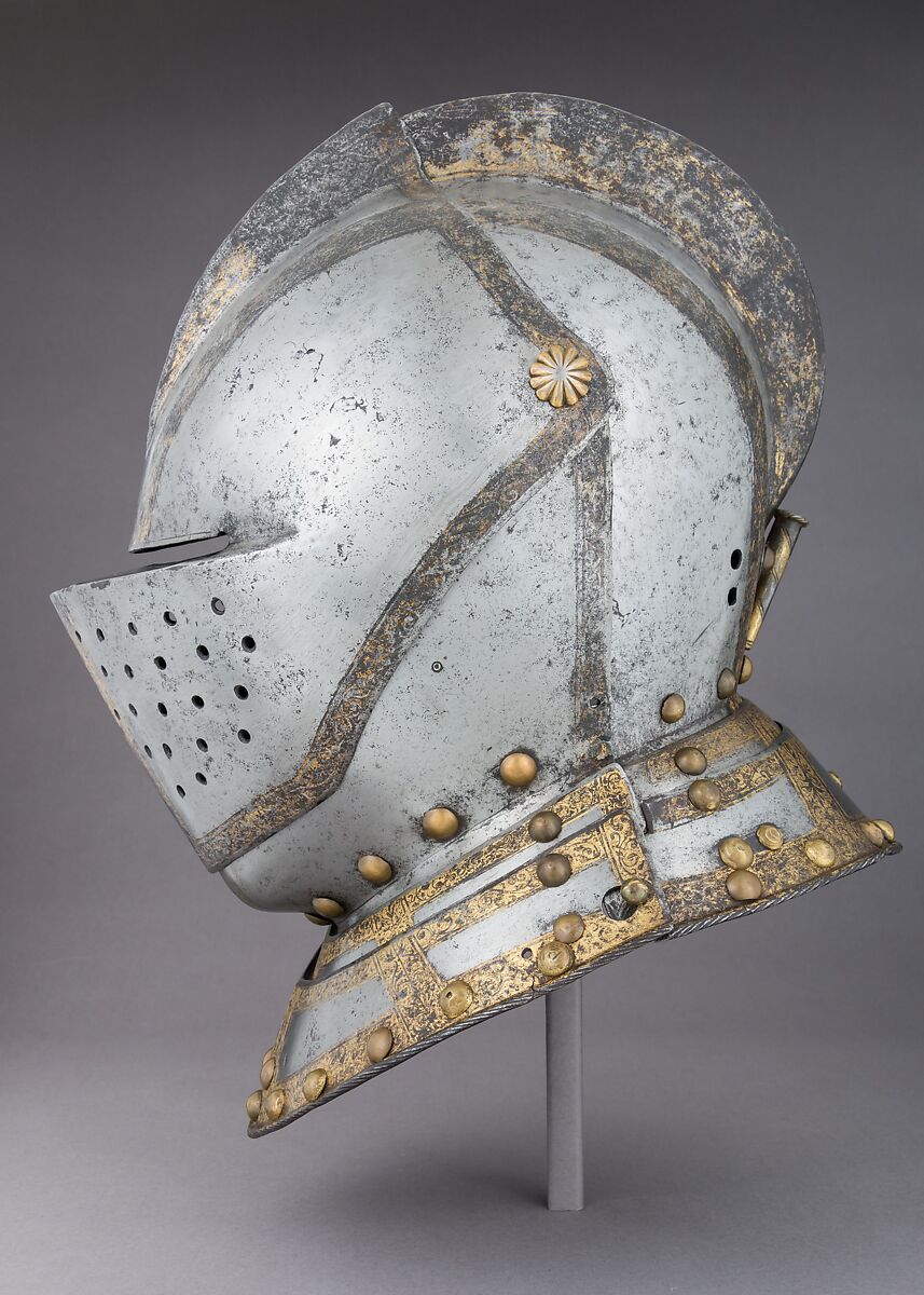 Close-Helmet for the Field, Martin Schmidt (German, active ca. 1594), Steel, gold, brass, German, possibly Augsburg