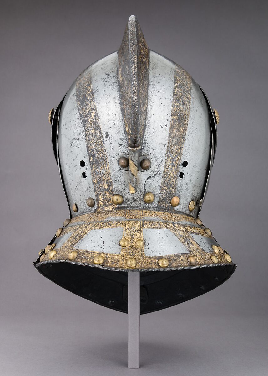Close-Helmet for the Field, Martin Schmidt (German, active ca. 1594), Steel, gold, brass, German, possibly Augsburg