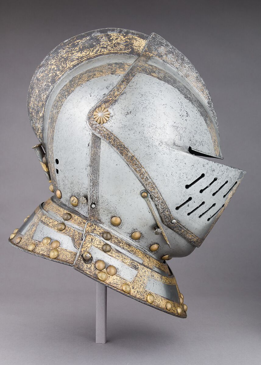 Close-Helmet for the Field, Martin Schmidt (German, active ca. 1594), Steel, gold, brass, German, possibly Augsburg