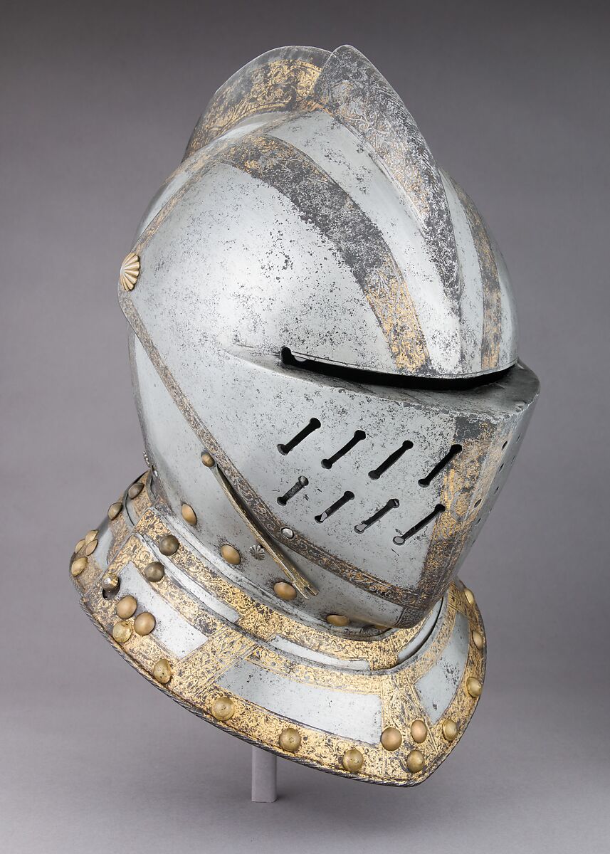 Close-Helmet for the Field, Martin Schmidt (German, active ca. 1594), Steel, gold, brass, German, possibly Augsburg