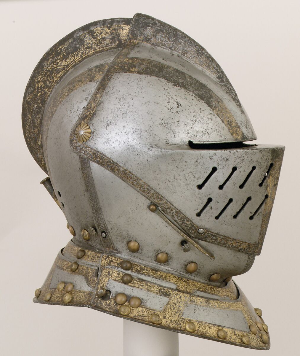 Close-Helmet for the Field, Martin Schmidt (German, active ca. 1594), Steel, gold, brass, German, possibly Augsburg