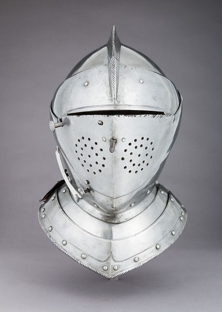 Close-Helmet for the Tournament, Steel, leather, textile, German, probably Augsburg