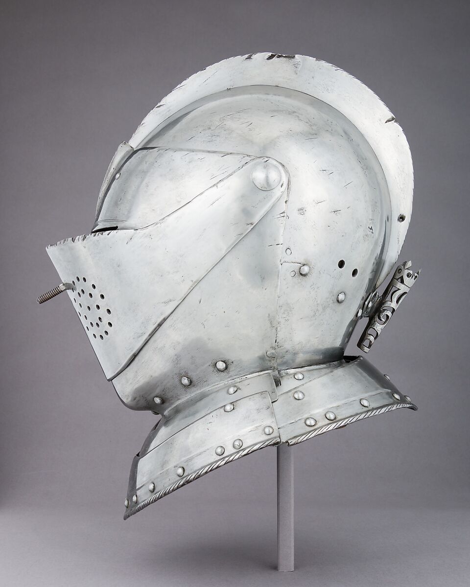 Close-Helmet for the Tournament, Steel, leather, textile, German, probably Augsburg