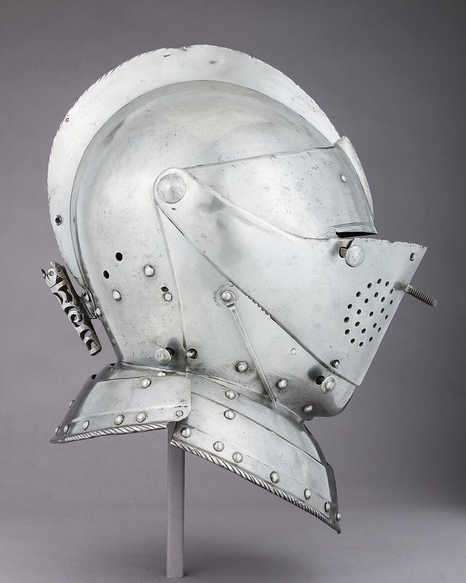 Close-Helmet for the Tournament, Steel, leather, textile, German, probably Augsburg