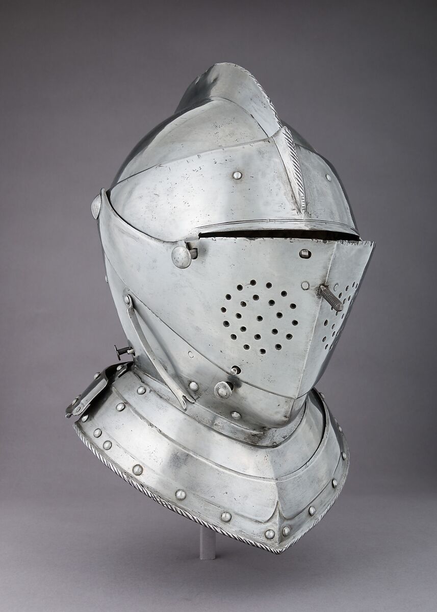 Close-Helmet for the Tournament, Steel, leather, textile, German, probably Augsburg