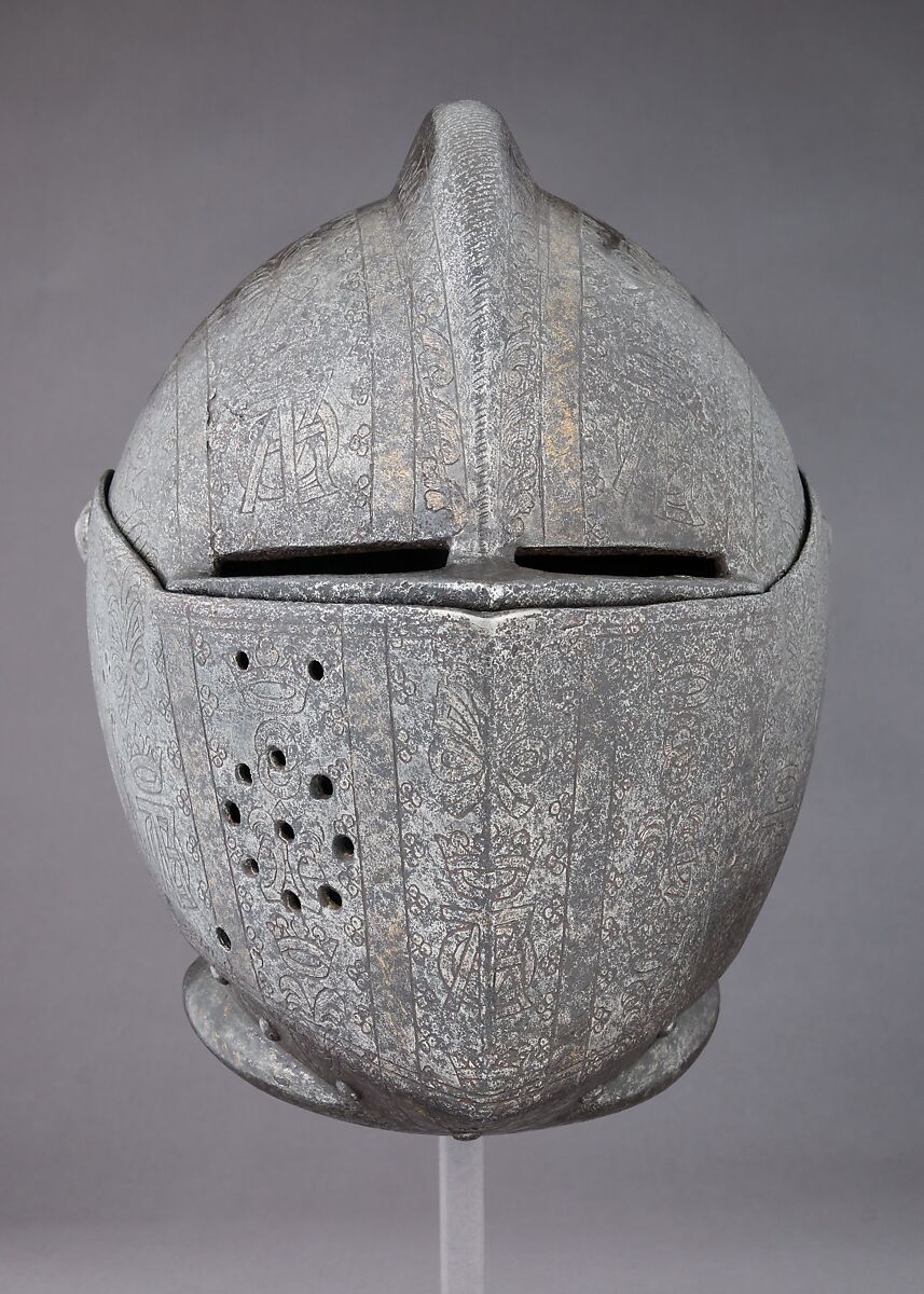Close-Helmet for the Tournament on Foot, Steel, gold, brass, Italian, Milan; or Spanish, Eugui