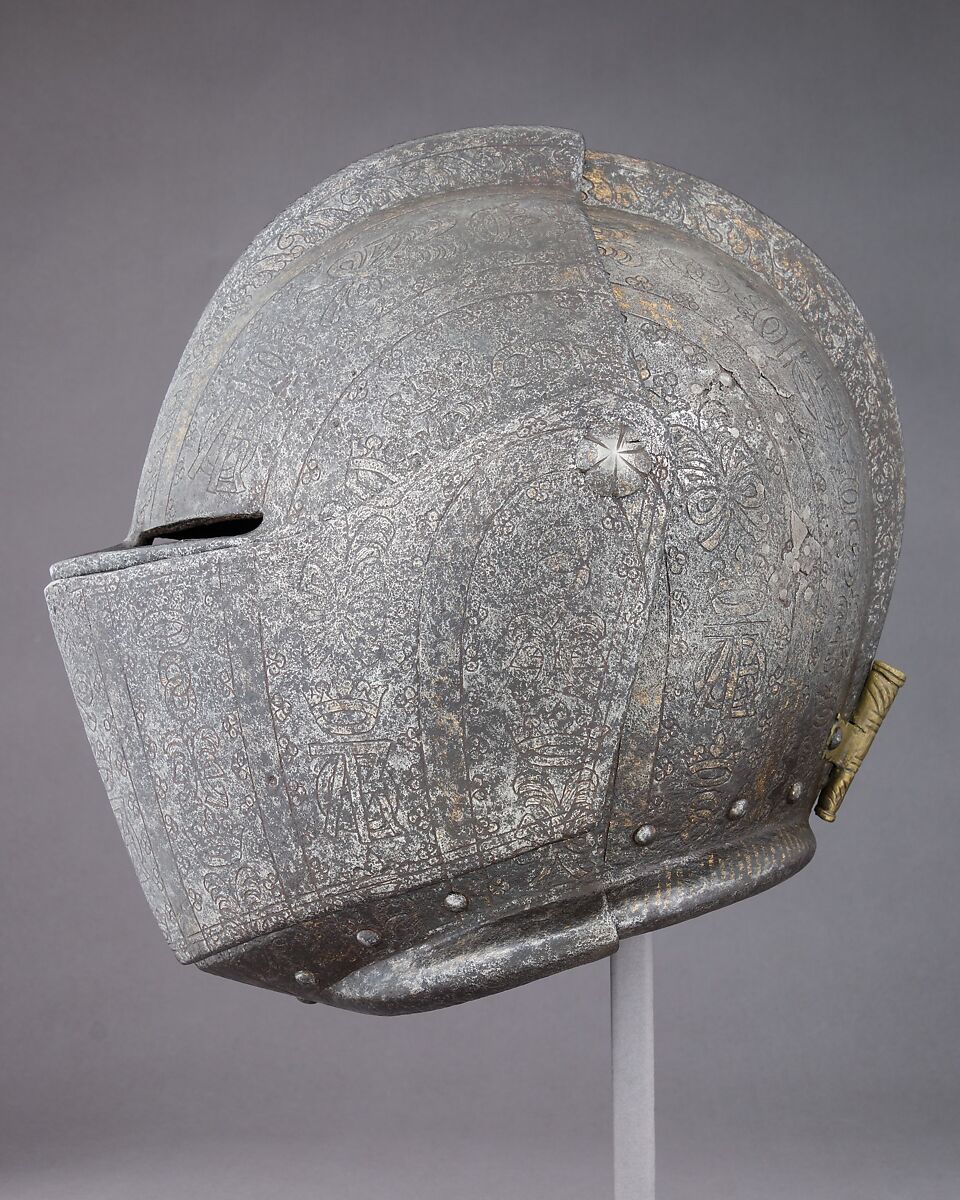 Close-Helmet for the Tournament on Foot, Steel, gold, brass, Italian, Milan; or Spanish, Eugui