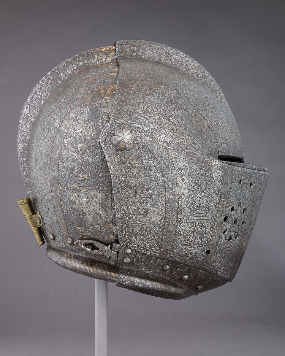 Close-Helmet for the Tournament on Foot, Steel, gold, brass, Italian, Milan; or Spanish, Eugui