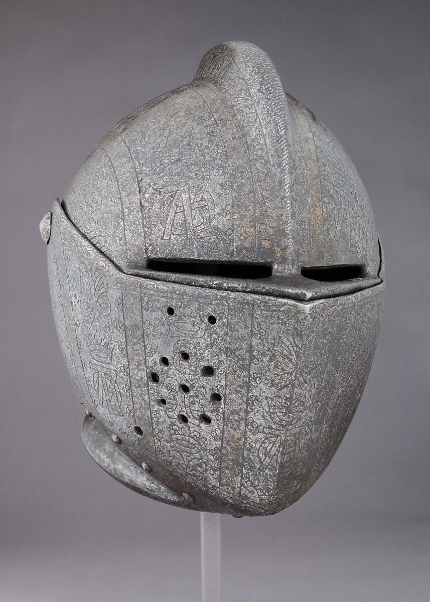 Close-Helmet for the Tournament on Foot, Steel, gold, brass, Italian, Milan; or Spanish, Eugui 