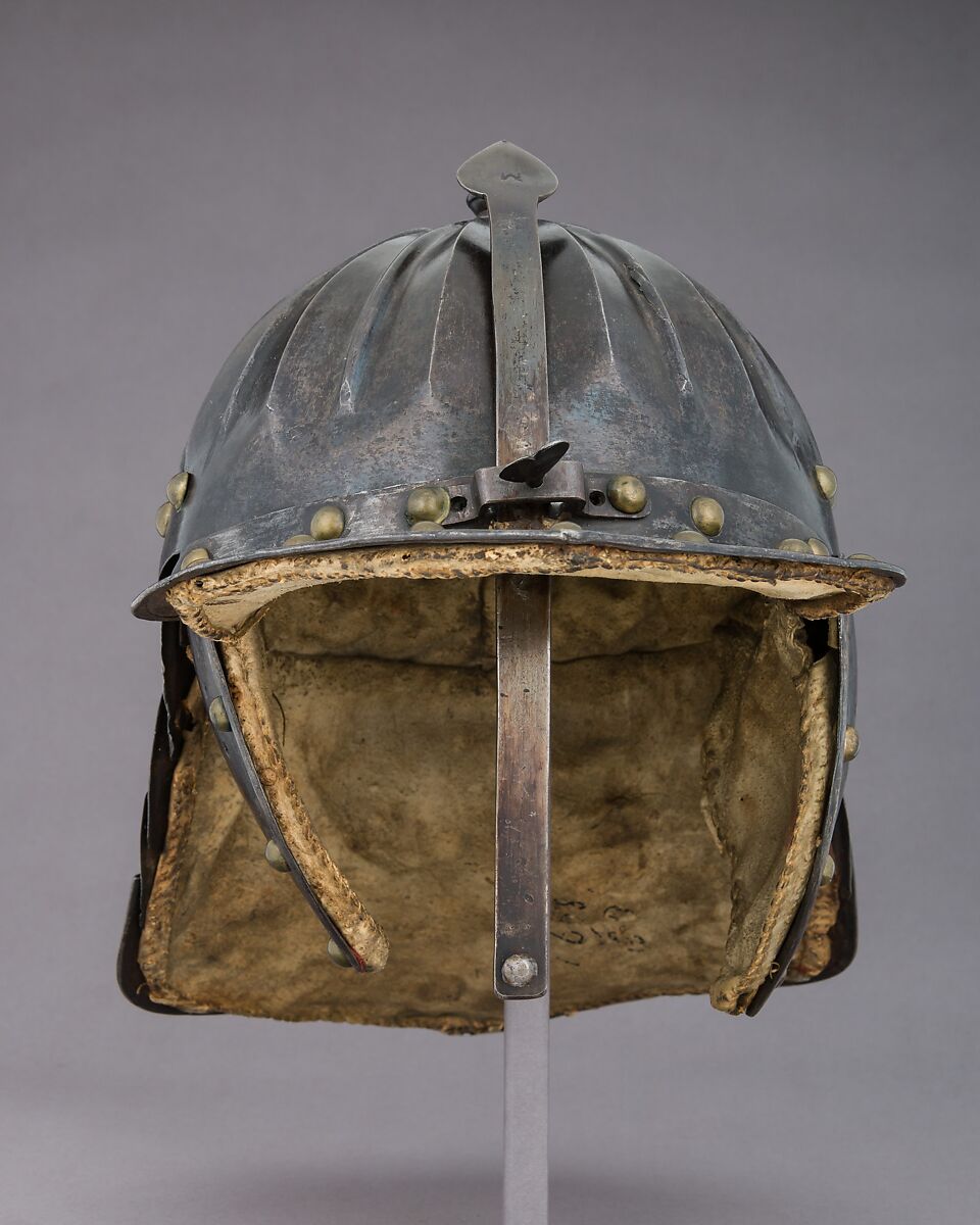 Lobster-Tail Burgonet (Zischägge), Steel, gold, brass, leather, textile, German