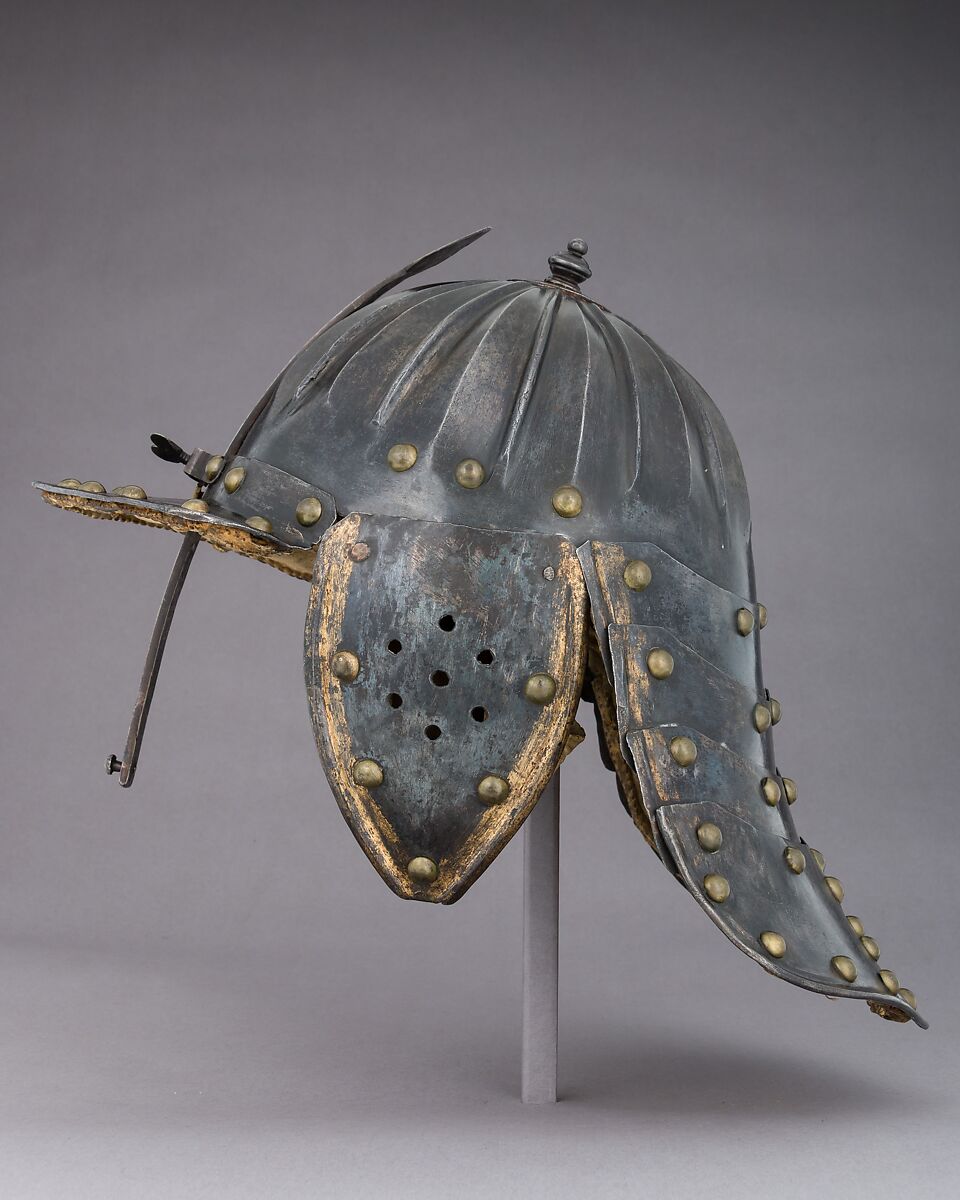 Lobster-Tail Burgonet (Zischägge), Steel, gold, brass, leather, textile, German