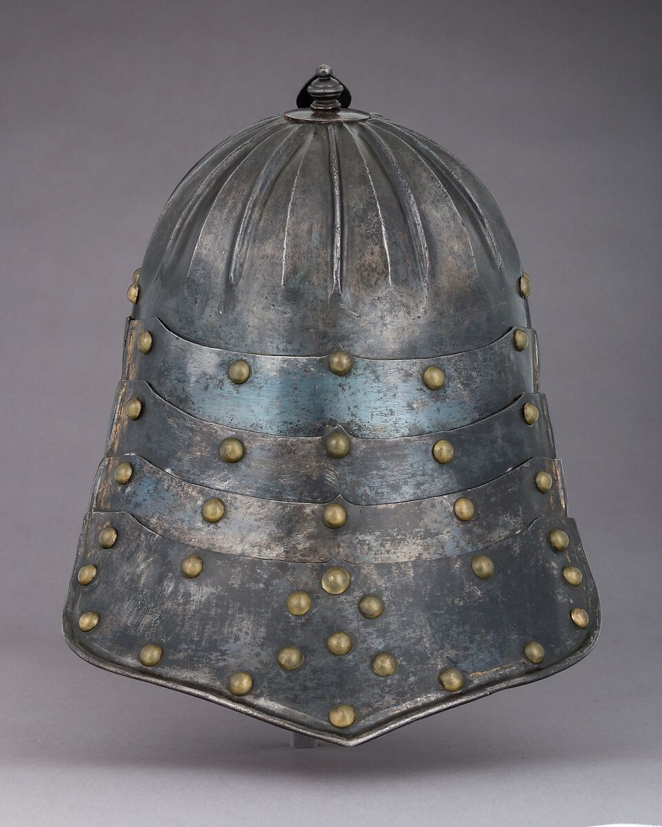 Lobster-Tail Burgonet (Zischägge), Steel, gold, brass, leather, textile, German