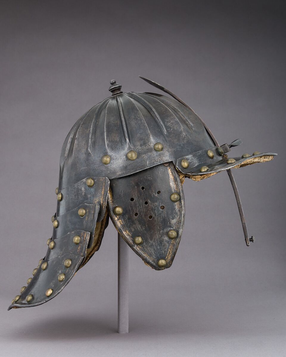 Lobster-Tail Burgonet (Zischägge), Steel, gold, brass, leather, textile, German