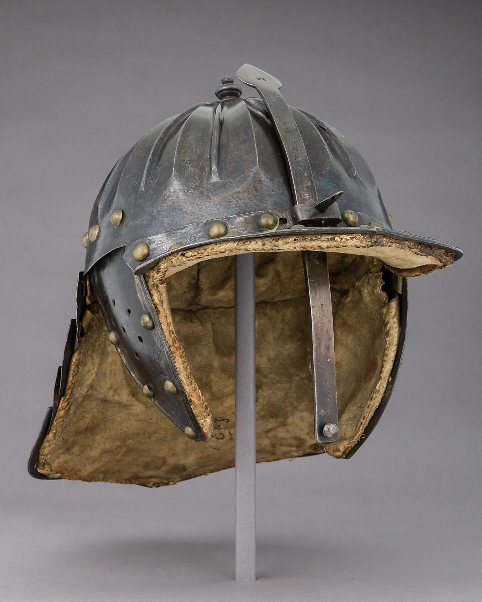 Lobster-Tail Burgonet (Zischägge), Steel, gold, brass, leather, textile, German