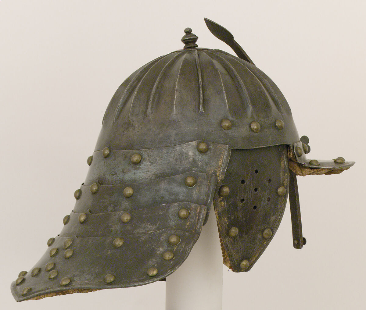 Lobster-Tail Burgonet (Zischägge), Steel, gold, brass, leather, textile, German