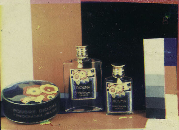 [Advertising Still-Life of Diosma Powder Box and Two Perfume Bottles for F. Prochaska, Prague, in a Setting of Grey Scale and Color Bars]