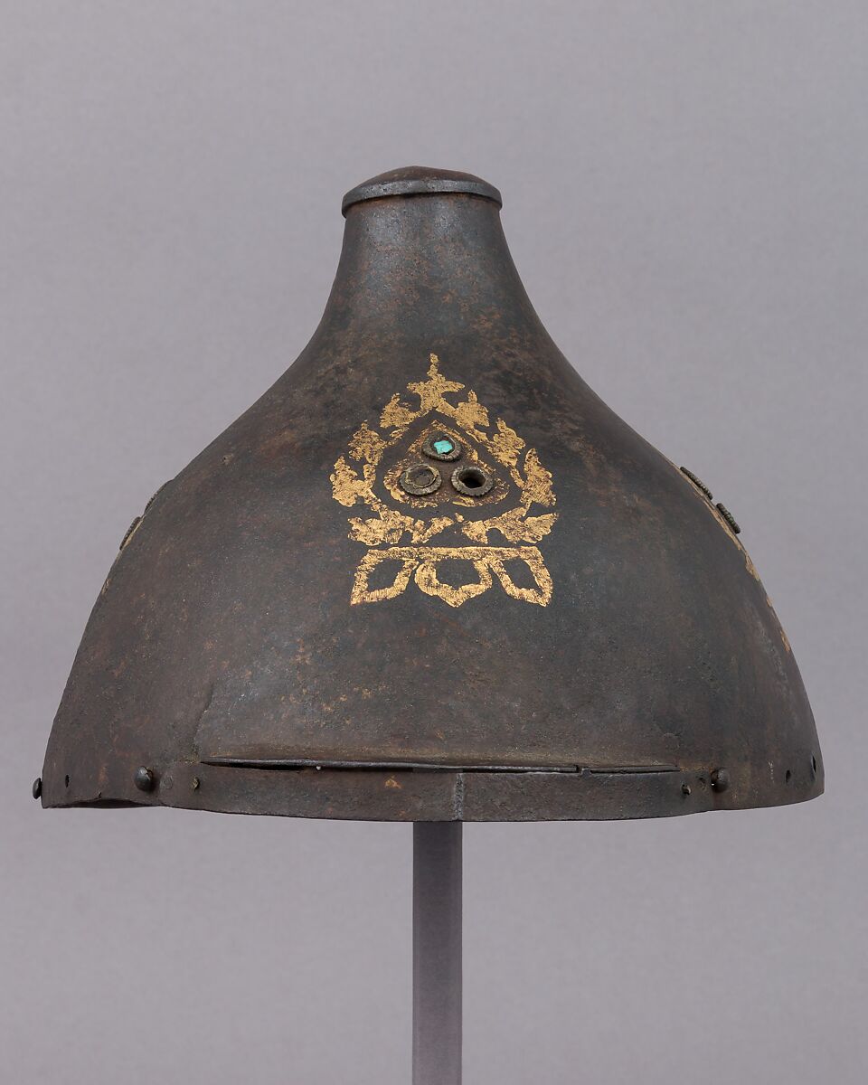 Helmet, Iron, gold, silver, turquoise, probably Mongolian
