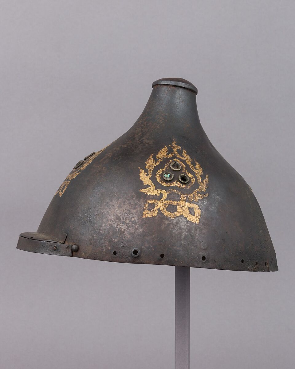 Helmet, Iron, gold, silver, turquoise, probably Mongolian