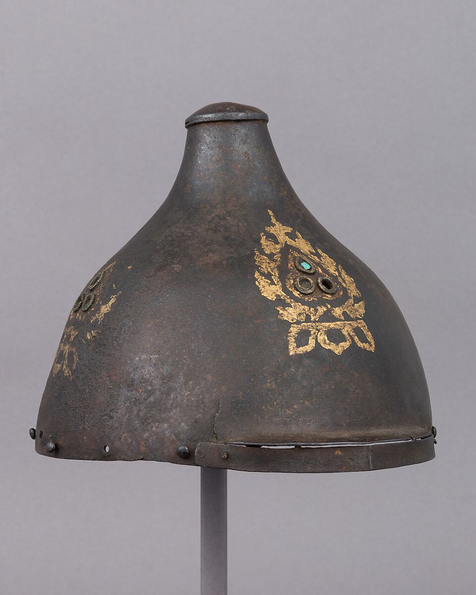 Helmet, Iron, gold, silver, turquoise, probably Mongolian