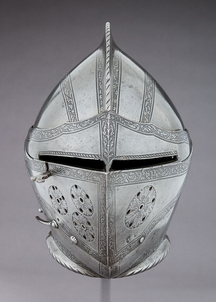 Close-Helmet, Attributed to Kunz Lochner (German, Nuremberg, 1510–1567), Steel, leather, German, Nuremberg