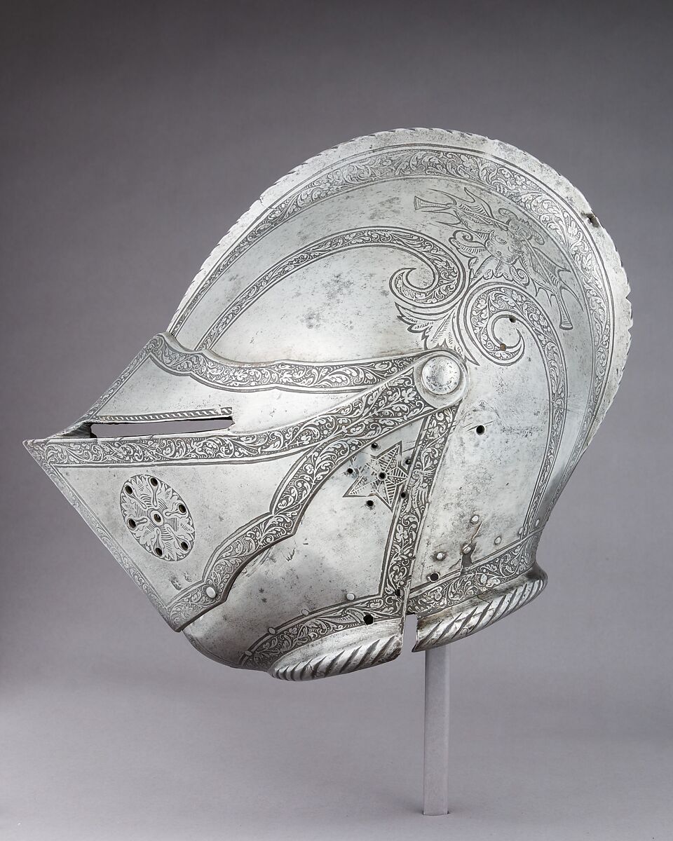 Close-Helmet, Attributed to Kunz Lochner (German, Nuremberg, 1510–1567), Steel, leather, German, Nuremberg