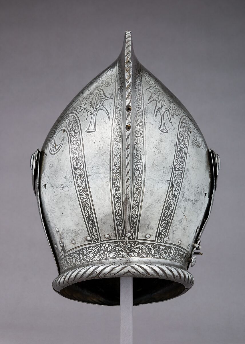 Close-Helmet, Attributed to Kunz Lochner (German, Nuremberg, 1510–1567), Steel, leather, German, Nuremberg