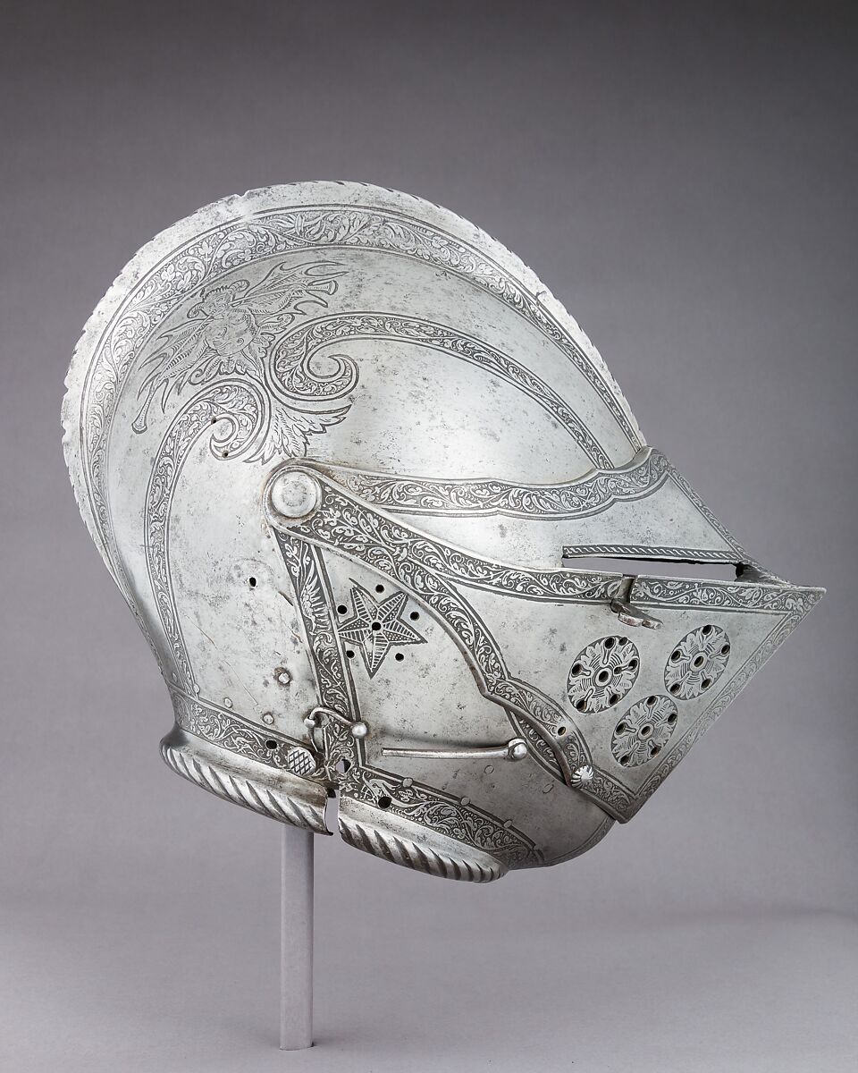 Close-Helmet, Attributed to Kunz Lochner (German, Nuremberg, 1510–1567), Steel, leather, German, Nuremberg
