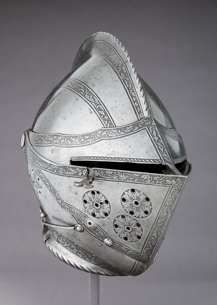 Close-Helmet, Attributed to Kunz Lochner (German, Nuremberg, 1510–1567), Steel, leather, German, Nuremberg 