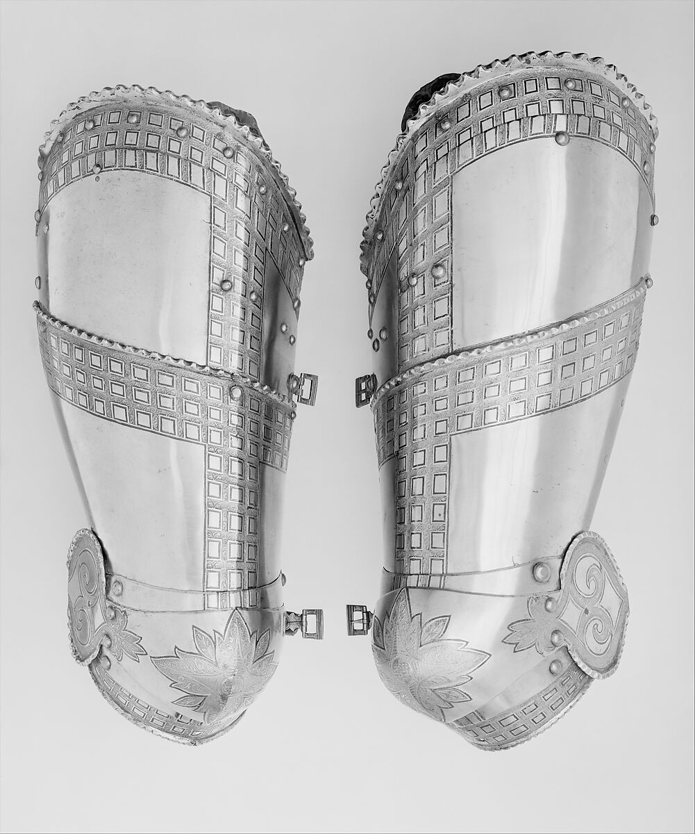 Elements from a Garniture Made for Christian I of Saxony (1560–1591), Anton Peffenhauser (German, Augsburg, 1525–1603), Steel, gold, leather, brass, German, Augsburg