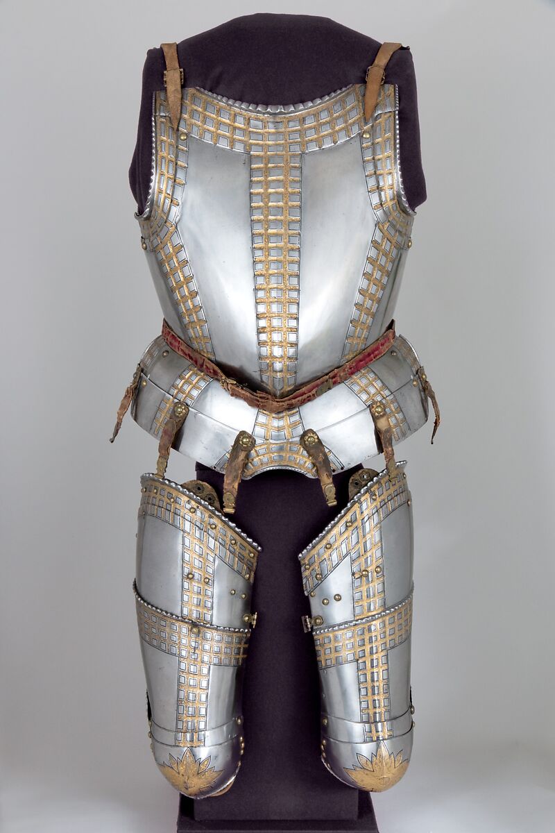 Elements from a Garniture Made for Christian I of Saxony (1560–1591), Anton Peffenhauser (German, Augsburg, 1525–1603), Steel, gold, leather, brass, German, Augsburg